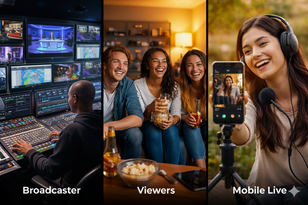 Broadcaster control room, viewers watching on a couch, and a mobile creator streaming from a phone.